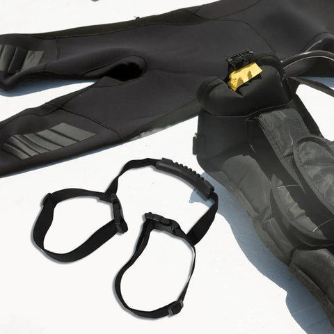 Elastic Scuba Tank Strap Retainer Band Heavy Duty Carrier For Underwater Diving Gear with black wetsuit and dive bag