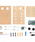 Wooden Drone Kit For Beginners With Protective Frame And One Key Takeoff DIY RC Quadcopter parts layout with electronics.