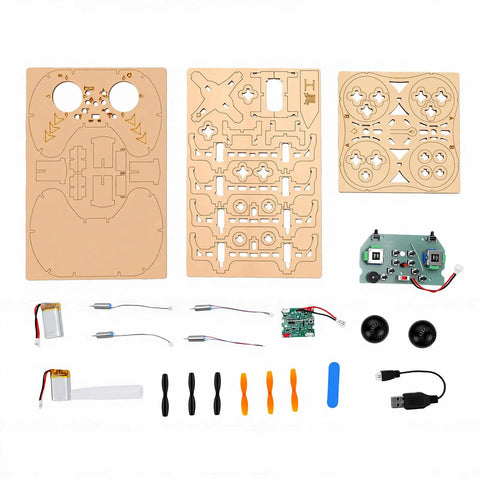 Wooden Drone Kit For Beginners With Protective Frame And One Key Takeoff DIY RC Quadcopter parts layout with electronics.