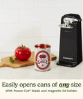 Reliable Automatic Electric Can Opener With Simple One Touch Activation And Secure Nonslip Base For No Sweat Everyday Kitchen Cooking And Canning Prep In Sleek Black next to a can of tomato sauce and a tomato.