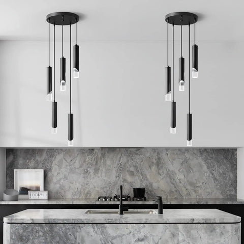 Cool Modern Dimmable LED Pendant Light Fixture In Black, 5 Light Mini Pendant Set over a kitchen island with marble backsplash