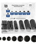 205 Piece Assorted Waterproof Rubber Wire Grommet Kit in transparent storage box, various sizes for automotive and electrical use.