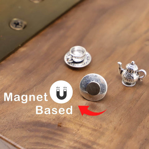Hinge Head Silver Tea Set Door Decor Toppers Three Pack Magnetic Miniature Teapot And Cup Figurines for doors shown on wood surface