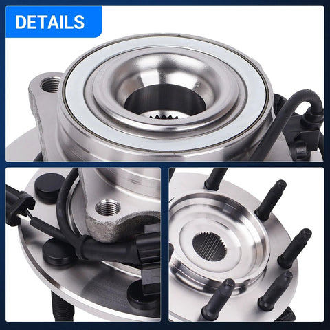 Heavy Duty 4x4 Front Wheel Bearing and Hub Assembly for Chevy Silverado Avalanche GMC Sierra 1500 2500 3500 1500HD 2500HD Yukon XL 2500 Hummer H2 8 Lug with ABS 2 Pack, close-up view showing metal structure and ABS wiring
