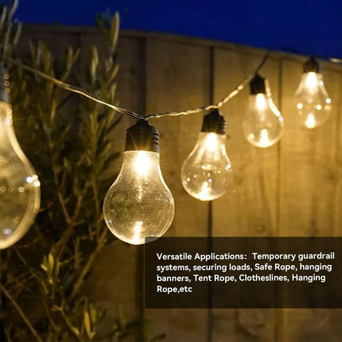 Outdoor string lights glowing at night with focus on versatile applications for heavy duty rigging and outdoor projects.