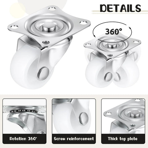 Low Profile Furniture Casters Set Of 24 Small Swivel Wheels with Silent 360 Degree Top Plate Showing Design and Details