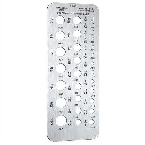Stainless Steel Drill Gauge 29-Hole For Inches Fractions Decimals, Measures 1/16 To 1/2 Inch Drill Bits And 17/64 To 1/2 Inch Bolt Wire