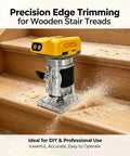 Built Like A Tank Cordless Trim Router With 800W Brushless Motor And 30000 Rpm Five Speeds used for precise edge trimming on wooden stair treads.