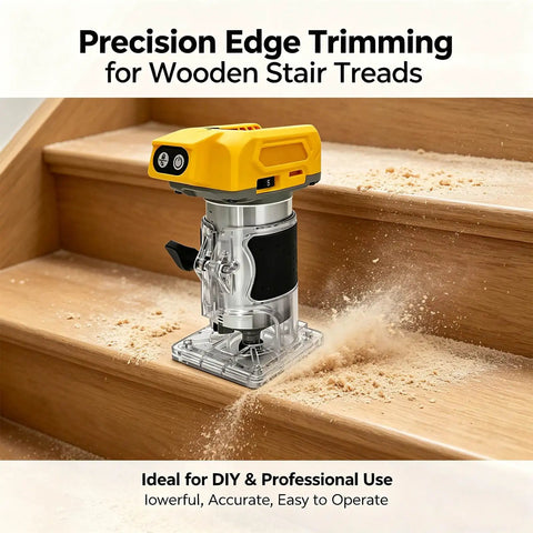 Built Like A Tank Cordless Trim Router With 800W Brushless Motor And 30000 Rpm Five Speeds used for precise edge trimming on wooden stair treads.