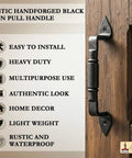 Mystic Colonial Rustic Cast Iron Barn Door Handles Set Of 2 In Black Finish installed on wooden door showing key features