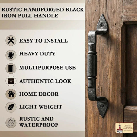 Mystic Colonial Rustic Cast Iron Barn Door Handles Set Of 2 In Black Finish installed on wooden door showing key features