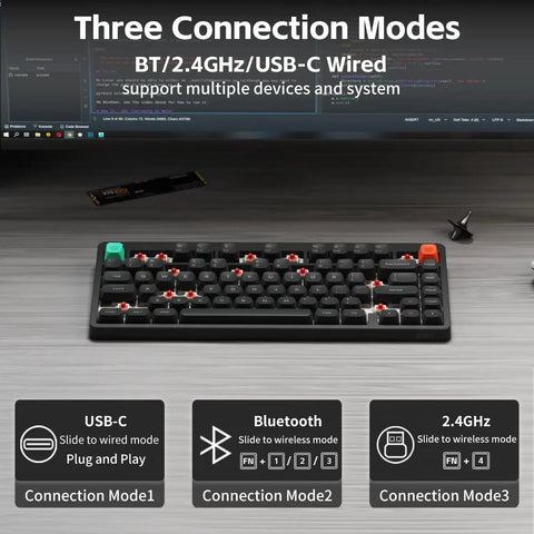 Fly 75 Percent Wireless Mechanical Keyboard Featuring Tri Mode Bluetooth And Usb C Connections With Intuitive Gesture Touch Swipes For Effortless Volume Tweaks And Legit Gaming Vibes showing connection modes and keys on a desk.