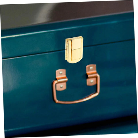 Close-up of Retro Iron Toggle Latch Kit For Wooden Chests Jewelry Boxes And Cabinets 5 Piece Secure Clasp on blue box