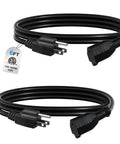 6ft Indoor Outdoor Extension Cord 16 Gauge 3 Conductor SJTW, 2 Pack, Black, 3 Prong, Weather Resistant, ETL Listed
