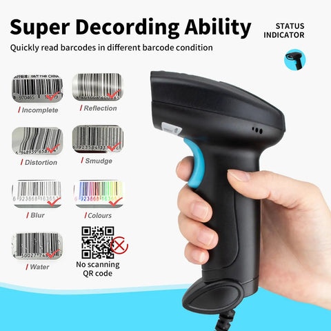 Plug And Play 1D Wired USB Barcode Scanner With CCD Reader for screen scanning showing decoding abilities