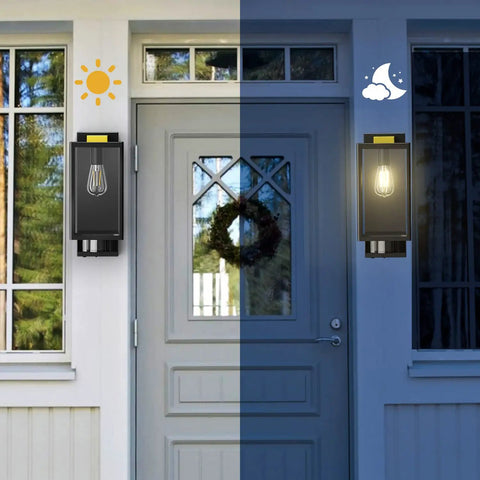 Motion Sensor Outdoor Wall Light Dusk To Dawn Black Square Exterior Lantern For Porch And Garage Three Mode Setting With Easy Adjustable Panel Modern Wall Mount Lights Bulb Not Included shown next to a door in day and night mode
