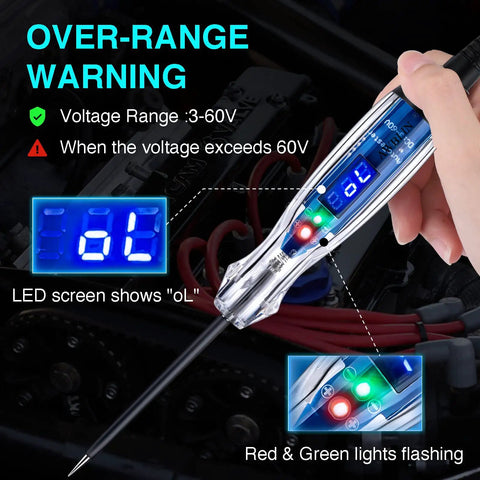 Rugged Automotive Test Light 3 to 60V DC Digital LED Circuit Tester With Anti Lost Needle Guard Protection For No Fuss Safe And Handy On The Go Diagnostics And Quick Fault Fixes, 3-60V over-range warning screen