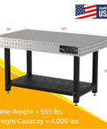 Heavy Duty Welding Fixture Table With Precision Laser Cut Holes And Storage Shelf Built Beefy For Garage Shop Projects Drop Dead Level Surface With Adjustable Feet Made In Usa, 60" x 36", steel frame.