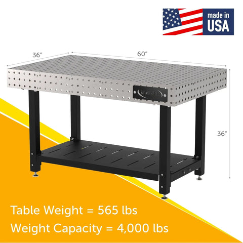 Heavy Duty Welding Fixture Table With Precision Laser Cut Holes And Storage Shelf Built Beefy For Garage Shop Projects Drop Dead Level Surface With Adjustable Feet Made In Usa, 60" x 36", steel frame.