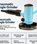 Knockout Four Inch Pneumatic Air Angle Grinder Featuring Non Slip Rubber Auxiliary Handle For Badass Heavy Duty Metalworking Cutting Grinding And Fast Polish Jobs front view showing rubber handle and rotary switch.