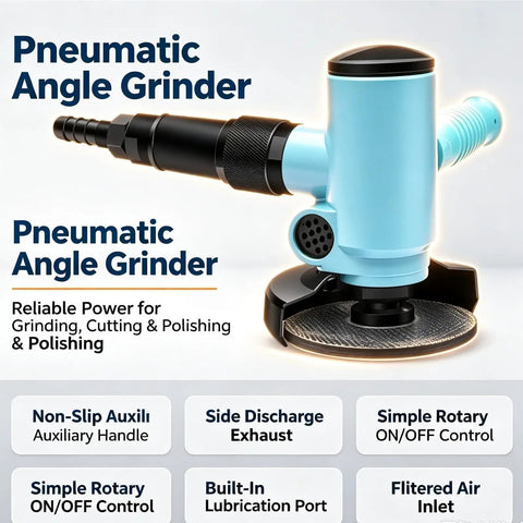 Knockout Four Inch Pneumatic Air Angle Grinder Featuring Non Slip Rubber Auxiliary Handle For Badass Heavy Duty Metalworking Cutting Grinding And Fast Polish Jobs front view showing rubber handle and rotary switch.