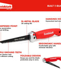 Folding Drywall Saw With Soft Grip Handle Jab Saw For Sheetrock Wallboard Plywood And PVC Pro Grade Tool With Triple Ground Teeth For Fast Smooth Cutting Eleven And Three Quarters Inch Overall Length displayed on a red background with detailed features.