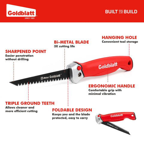 Folding Drywall Saw With Soft Grip Handle Jab Saw For Sheetrock Wallboard Plywood And PVC Pro Grade Tool With Triple Ground Teeth For Fast Smooth Cutting Eleven And Three Quarters Inch Overall Length displayed on a red background with detailed features.