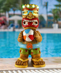 16.7 Inch Tiki Garden Statue With Solar Powered Lantern Lights by pool, Hawaiian tiki man figurine for outdoor ambiance