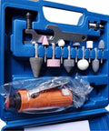 Hardcore Aluminum Air Die Grinder 16 Piece Pneumatic Power Tool Kit With 3mm And 6mm Quick Swap Collets in blue case with bits.