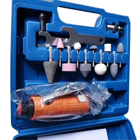 Hardcore Aluminum Air Die Grinder 16 Piece Pneumatic Power Tool Kit With 3mm And 6mm Quick Swap Collets in blue case with bits.