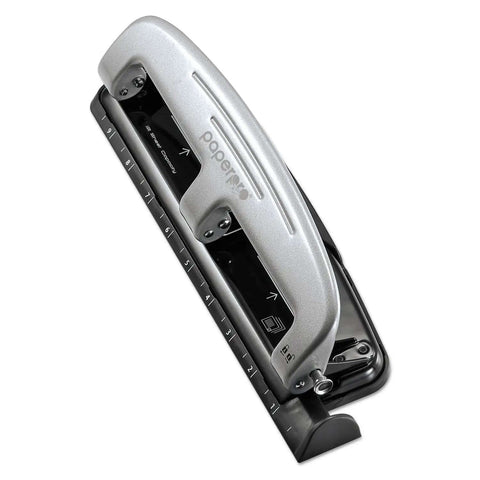 EZ Squeeze 12 Sheet Three Hole Punch With No Jam Tech, all-metal office punch, silver and black, built-in ruler and paper guide