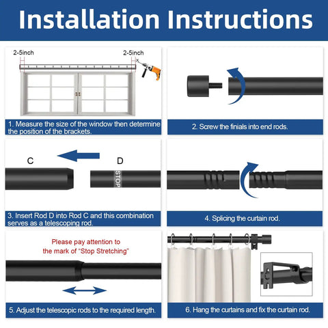 Installation instructions for Black Curtain Rod Set With Brackets For Windows 32 To 90 Inches Five Eighth Inch Diameter Telescoping Rod