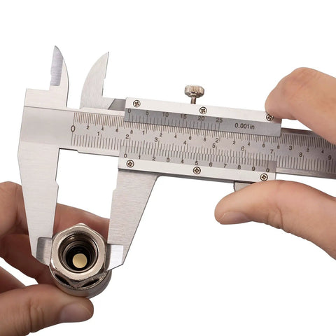 Person using Vernier Caliper Measuring Tool With 6 Inch Range And 0 To 150 Millimeters Manual Non Digital Calipers High Precision 0.001 Inch 0.02 Millimeters Durable Workhorse For Industrial Workshop Projects to measure an object