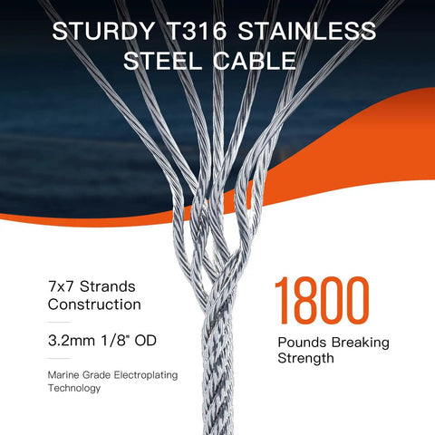Close-up of 1/8 Inch T316 Stainless Steel Cable, 7x7 strand core, showing 1800 lbs breaking strength, marine-grade.