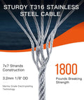 Marine Grade Stainless Steel Cable One Eighth Inch For Deck Railing, Aircraft Style Wire Rope, Seven By Seven Strand Core