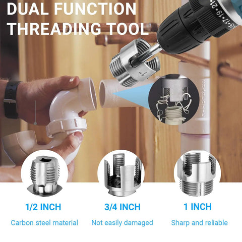 Heavy Duty 3 Piece Pvc Pipe Threading Tool Set Featuring Dual Function Internal And External Thread Cutting And Taping Kit Made From High Hardness Carbon Steel For Professional Plumbing Jobs And Easy Diy Repairs, showing 1/2, 3/4, and 1 inch tools.