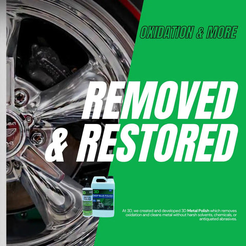 Heavy Duty Metal Polish That Wipes Out Oxidation Tarnish And Stains For Aluminum Chrome Brass Copper And Silver Delivers A Showroom Shine And Mirror Finish On Cars And All Metal Surfaces 16oz Made In USA shown with polished car wheel