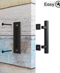 2 Pack 10 Inch Sliding Barn Door Pull Handle With Flush Hardware Double Sided Heavy Duty Rustic Matte Black Powder Coated Easy Install Square Design Solid Steel Construction Smooth Chamfered Edges For Safe Comfortable Grip showing installation on door.