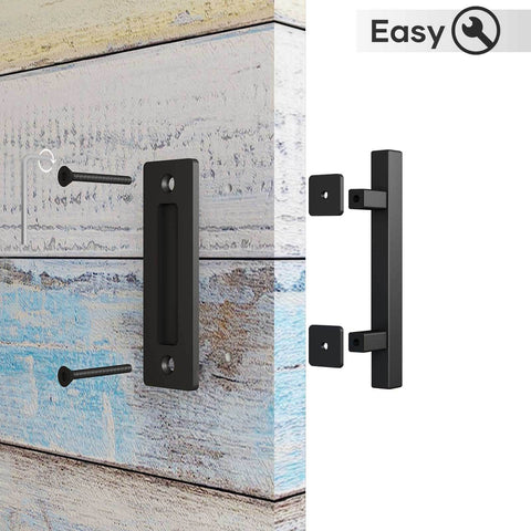 10 Inch Sliding Barn Door Pull Handle Set With Flush Hardware, Matte Black, Heavy Duty Square Design, Easy Install