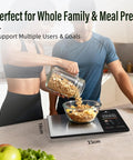 Smart Kitchen Scale With Nutrition Calculator, 5000g capacity digital food scale with large TFT display in kitchen setup.
