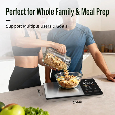 Smart Kitchen Scale With Nutrition Calculator, 5000g capacity digital food scale with large TFT display in kitchen setup.