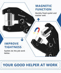 Diagram showing Easy Grommet Plier Kit with magnetic function for quick eyelet fixing, featuring durable punch tool.