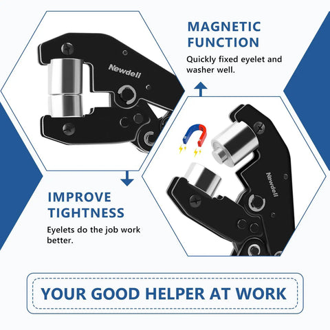 Diagram showing Easy Grommet Plier Kit with magnetic function for quick eyelet fixing, featuring durable punch tool.