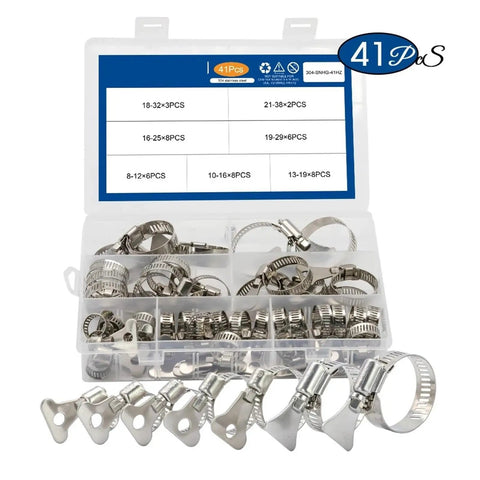 Top Notch 41 Piece Adjustable Worm Gear Hose Clamp Kit Made From Heavy Duty 304 Stainless Steel Perfect For Plumbing Automotive Tunes And Industrial Repairs This Solid Tool Set Handles Sizes From 8mm To 38mm And Lets You Tighten Or Loosen Any Fitting. 41-piece 304 stainless steel hose clamp kit in storage case, 8-38 mm sizes