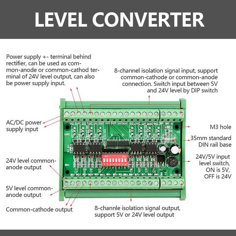 8 Channel 5V To 24V Voltage Level Translator Module With labels indicating terminal connections and isolation features.
