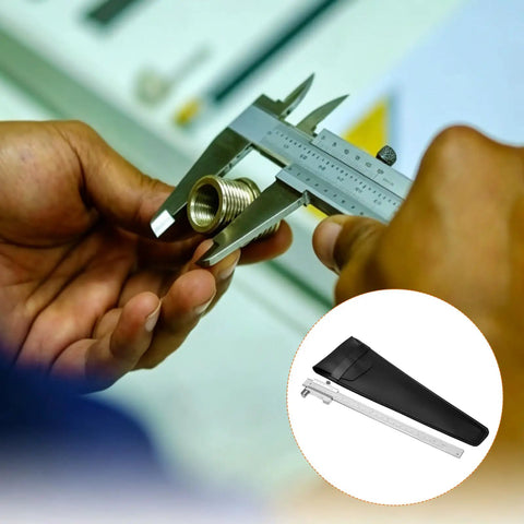 Person using Vernier Caliper 0-8 Inch and 0-200 MM Stainless Steel Dual Scale with Carbide Scriber on metal component