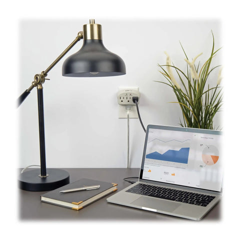 Office setup with Three Outlet Travel Surge Protector On The Go With 660 Joules Ultra Fast Sub Nanosecond Response Diagnostic LEDs