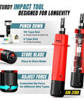 All In One Ethernet Crimping Tool Kit 10 In 1 Pass Through RJ45 RJ11 Network Tool With Tester Pro Grade Punch Down Tool Wire Stripper And Carry Bag For Cat6 And Cat5e showing red punch down tool with blade storage and force adjustment features.