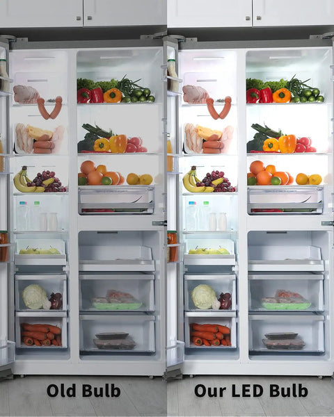Super Bright 5W LED Refrigerator Light Bulb With E26 Base 120V 5000K Daylight Not Dimmable installed in fridge comparison