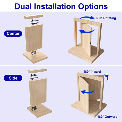 Heavy Duty Hidden Door Hinge By AURIXUS With 573 Lb Capacity showing dual installation options with 360° pivot and 180° rotation.